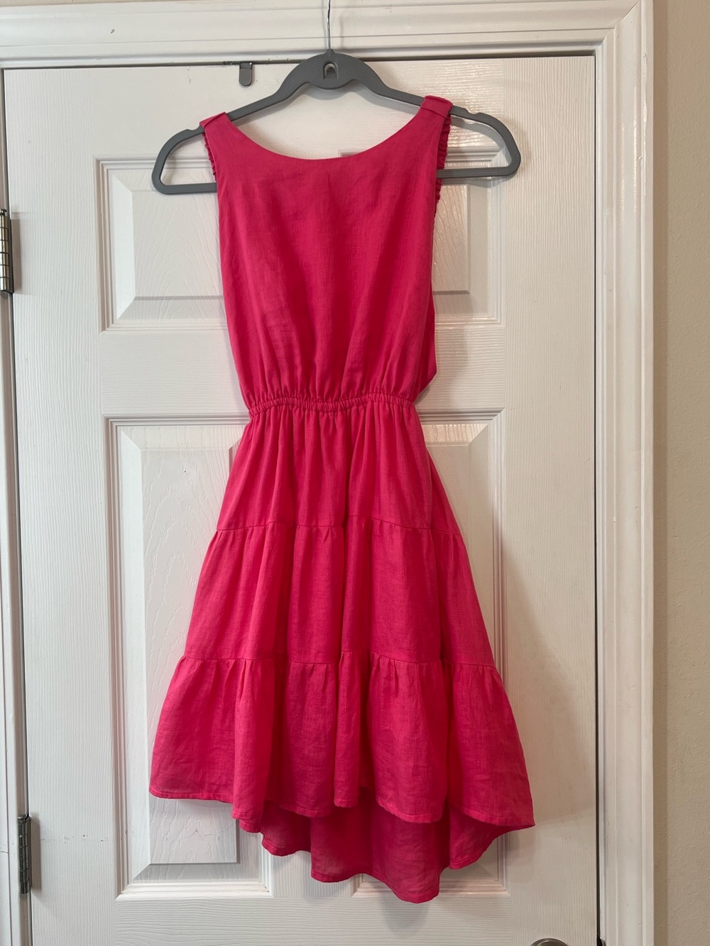 LUSANA Kyra Hot Pink 100% Linen Open Back Tiered Mini Dress Size M 6 Resortwear
